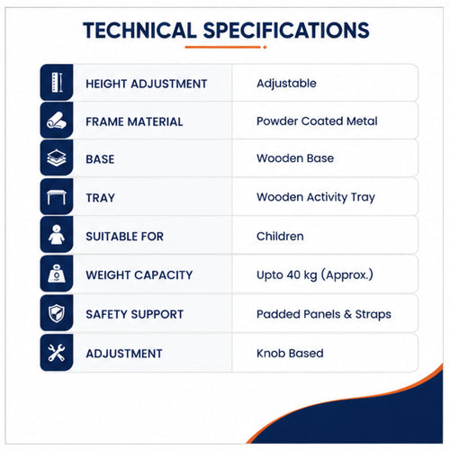 child standing frame technical specifications with wooden base activity tray safety support and adjustable frame