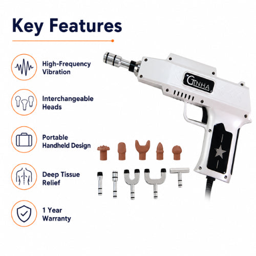 chiropractor gun delux key features with high frequency vibration portable design and multiple therapy heads