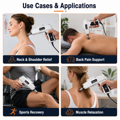 chiropractor gun delux use cases for neck shoulder relief back pain support sports recovery and muscle relaxation