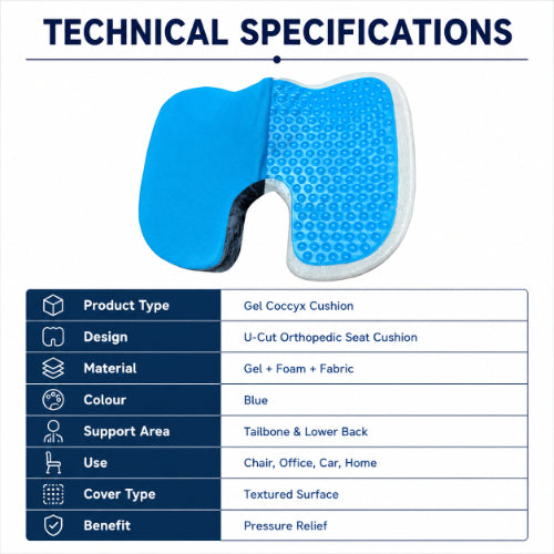 coccyx gel cushion technical specifications with gel foam fabric construction and tailbone support