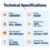 contec cms50d fingertip pulse oximeter technical specifications showing oled display, spo2 range 0–100%, pulse rate 30–250 bpm and aaa battery operation