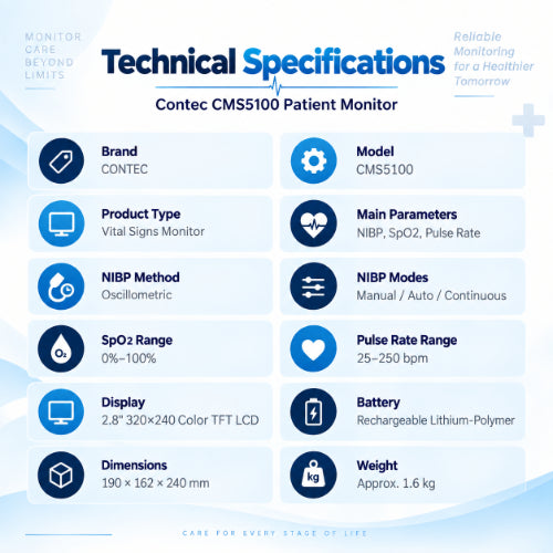 contec cms5100 patient monitor technical specifications with nibp, spo2, pulse rate, 2.8 inch color tft display and rechargeable lithium-polymer battery