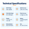 contec cms60c technical specifications showing spo2 range, pulse rate range, 1.77 inch tft display, rechargeable lithium battery and up to 26 hours battery backup