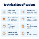 contec cms60c technical specifications showing spo2 range, pulse rate range, 1.77 inch tft display, rechargeable lithium battery and up to 26 hours battery backup