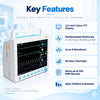 contec cms8000 key features including 12.1-inch colour tft display, multiparameter monitoring, up to 8 waveforms, 96-hour trend data, storage for up to 500 nibp records, and support for adult, pediatric and neonatal patients