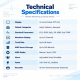 contec cms8000 technical specifications with 12.1 inch colour tft lcd, adult pediatric and neonatal monitoring, ecg, resp, spo2, pr, nibp, dual temp, up to 8 waveforms, 96-hour trend data, up to 500 nibp records, manual auto stat nibp modes, adjustable visual and audible alarm, 100–240v ac power, and optional 48 mm thermal recorder
