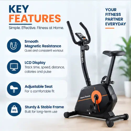 cosco cb-500 upright fitness bike key features including smooth magnetic resistance, lcd display, adjustable seat and sturdy stable frame