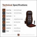 dual cushion back seat massager technical specifications with electric power handheld remote and portable design