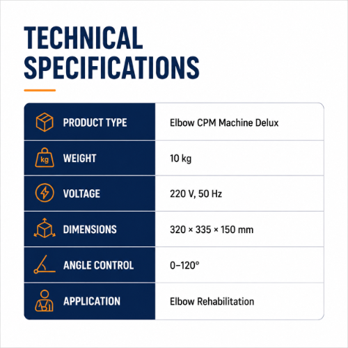 elbow cpm machine delux technical specifications with 0 to 120 degree angle control and 220 v power