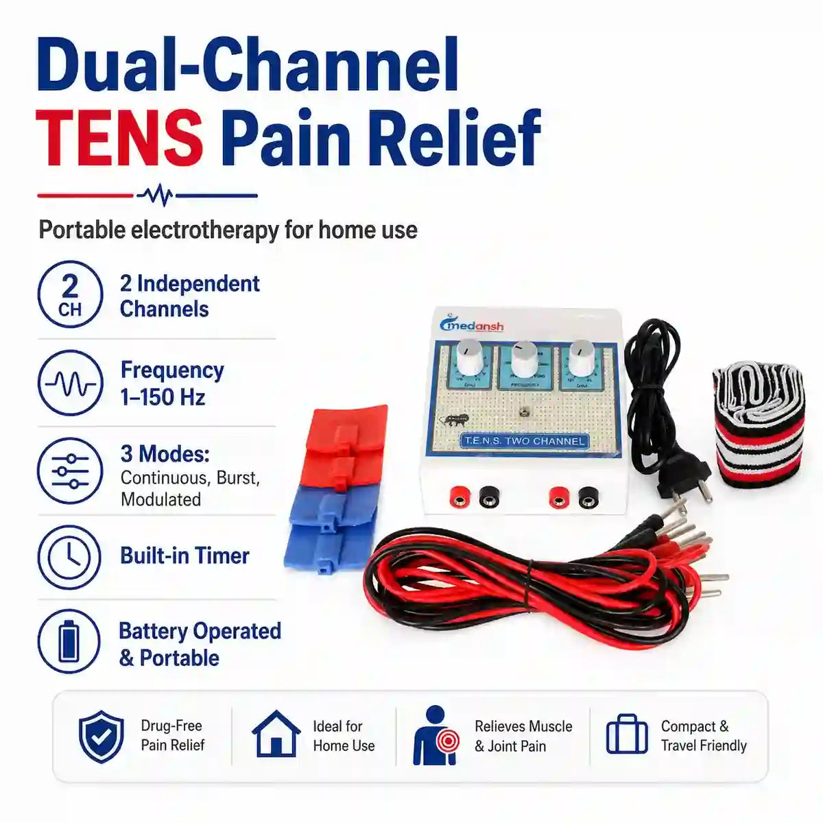 Dual-channel TENS pain relief device – 2 independent channels, 1-150Hz frequency, 3 modes continuous burst modulated, built-in timer, battery operated portable