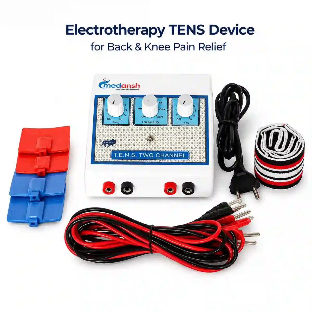 Medansh Electrotherapy TENS Device for back and knee pain relief – T.E.N.S. Two Channel machine with electrode pads, lead wires and elastic straps