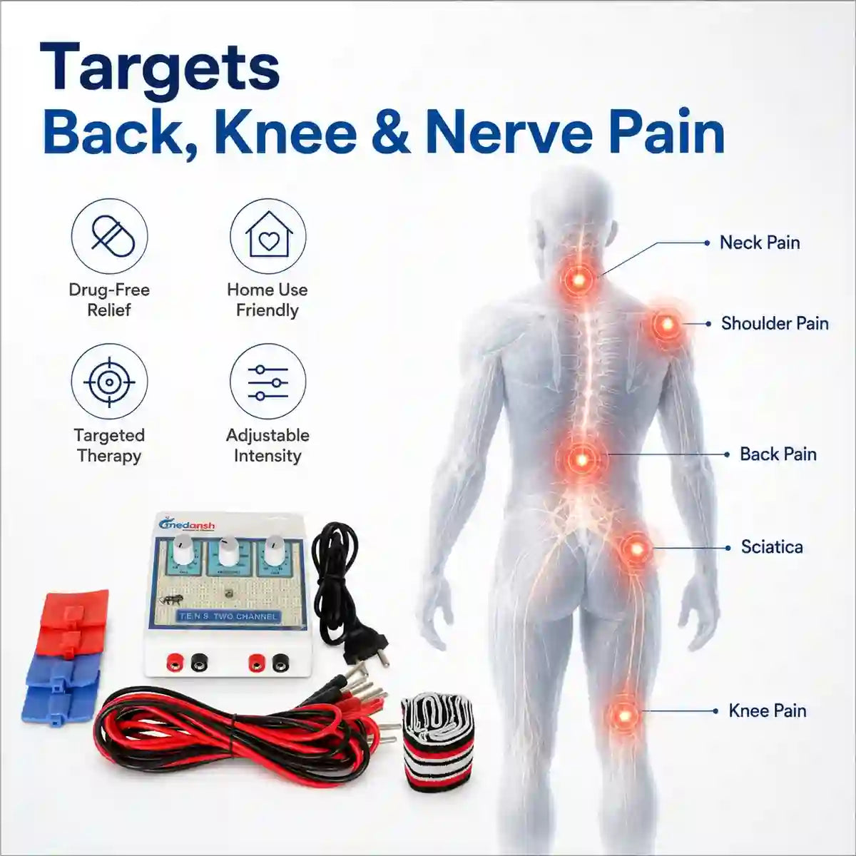 TENS device targets back, knee and nerve pain – neck pain, shoulder pain, back pain, sciatica and knee pain treatment with electrotherapy