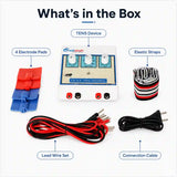 TENS device what’s in the box – TENS device, 4 electrode pads, elastic straps, lead wire set and connection cable