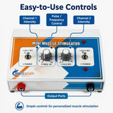 Medansh Mini Muscle Stimulator easy-to-use controls – CH1 intensity, pulse frequency control, CH2 intensity and dual output ports