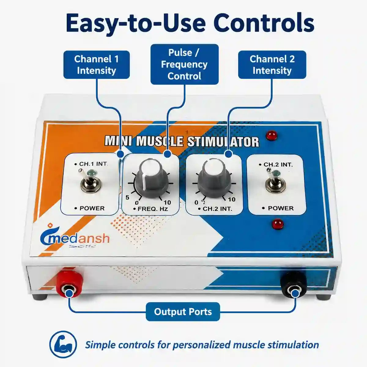 Medansh Mini Muscle Stimulator easy-to-use controls – CH1 intensity, pulse frequency control, CH2 intensity and dual output ports