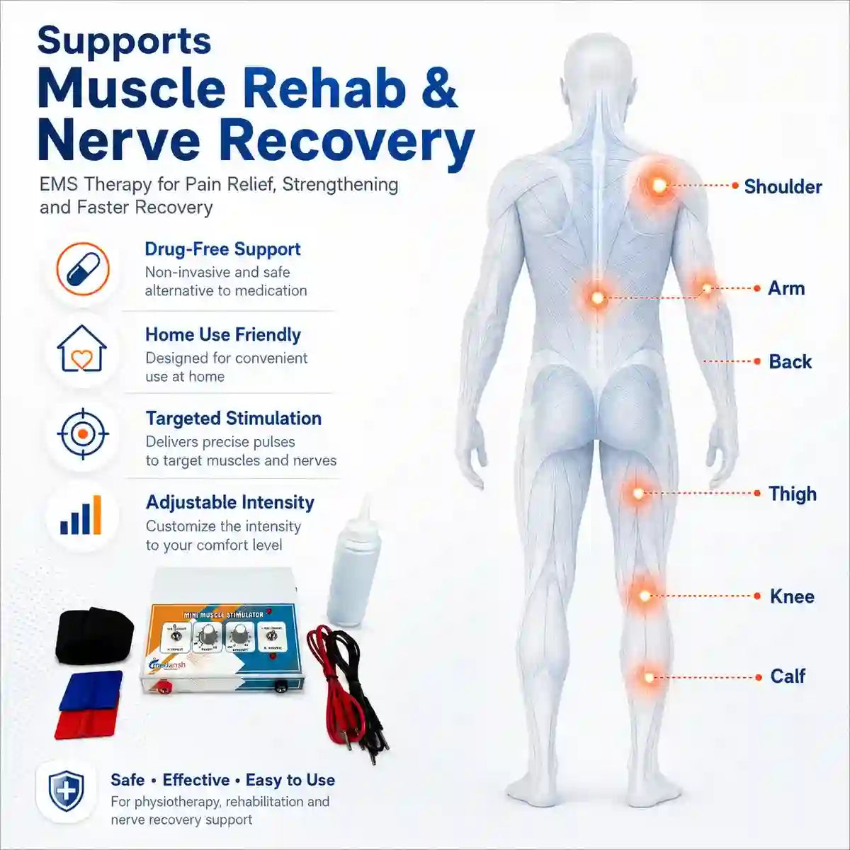 EMS physiotherapy device supports muscle rehab and nerve recovery – targets shoulder, arm, back, thigh, knee and calf