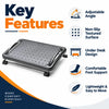 ergonomic foot rest key features including adjustable angle, non-slip textured surface, comfortable foot support, lightweight design and under-desk use