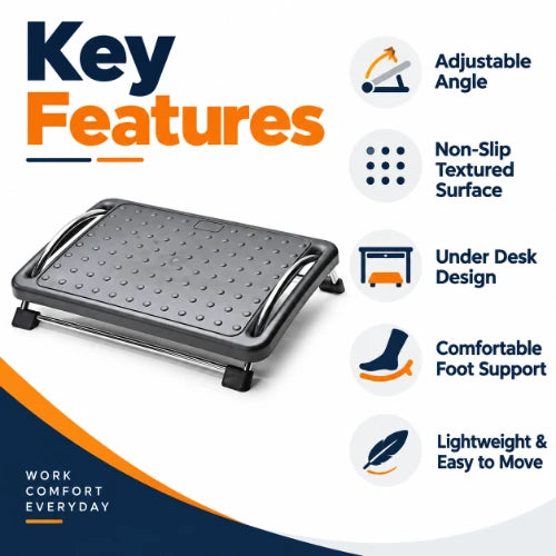 ergonomic foot rest key features including adjustable angle, non-slip textured surface, comfortable foot support, lightweight design and under-desk use