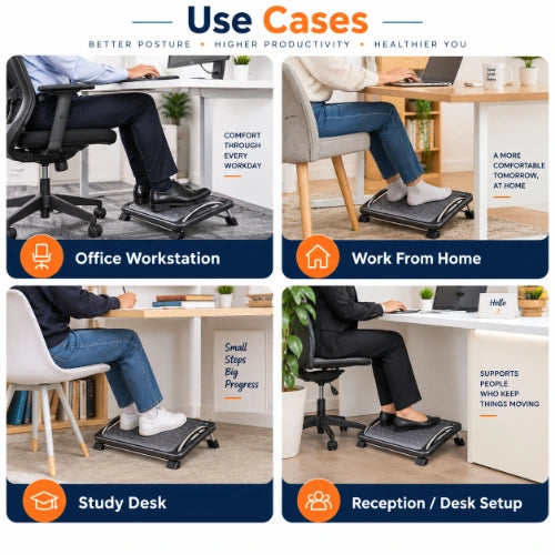 ergonomic foot rest use cases for office workstation, work from home, study desk and reception desk setup