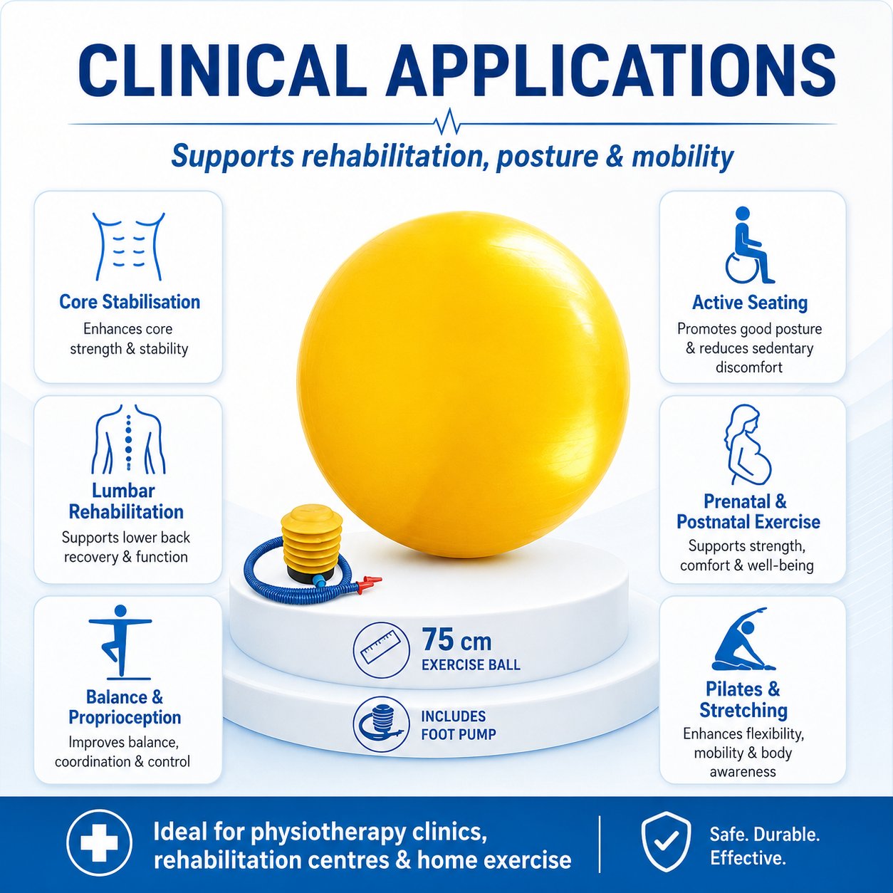 Exercise Ball 75cm clinical applications – core stabilisation, lumbar rehabilitation, balance and proprioception, active seating, prenatal exercise, pilates
