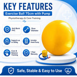 Exercise Ball 75cm key features – anti-burst PVC, 300kg load, includes hand pump, core and balance training, 1-year warranty