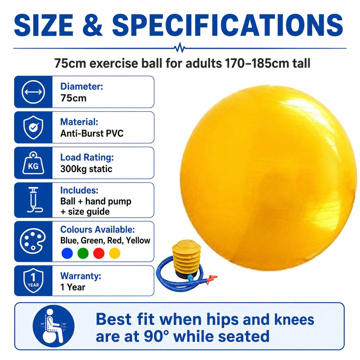 Exercise Ball 75cm size and specifications – 75cm diameter, anti-burst PVC, 300kg static load, includes ball hand pump and size guide