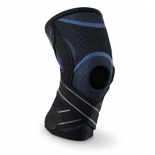black expandable hinged knee brace with open patella design, adjustable straps and side support for knee stabilization