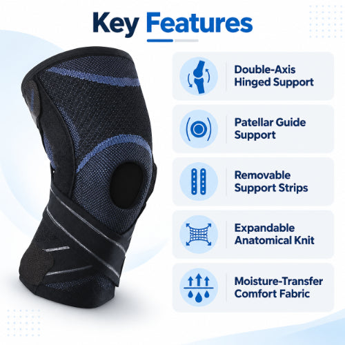 expandable hinged knee brace key features including double-axis hinged support, patellar guide, removable support strips and breathable anatomical knit