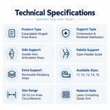 expandable hinged knee brace technical specifications with double-axis articulated stays, open patellar guide, removable straps and multiple size options