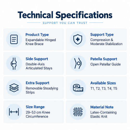 expandable hinged knee brace technical specifications with double-axis articulated stays, open patellar guide, removable straps and multiple size options