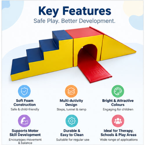 foam blocks with tunnel key features including soft foam construction, multi-activity steps tunnel and ramp, bright colours and motor skill development support
