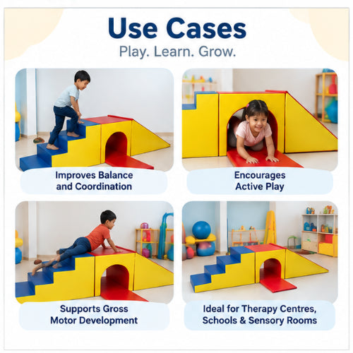 foam blocks with tunnel use cases for balance and coordination, active play, gross motor development and therapy or sensory room activities