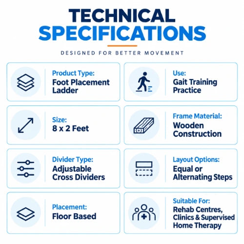 foot placement ladder technical specifications showing 8 x 2 feet size, wooden construction, adjustable cross dividers, floor-based placement and rehab training use