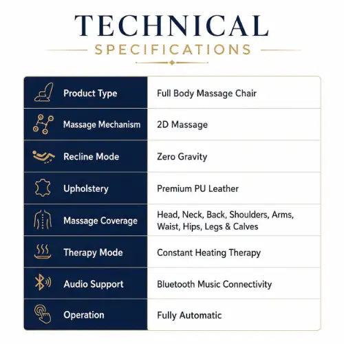 full body massage chair technical specifications with 2d massage zero gravity heating therapy and bluetooth support