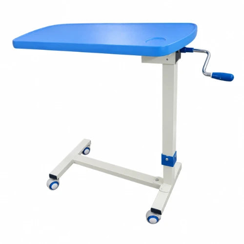 gearmatic over bed table key features including adjustable height, manual crank system, durable steel frame, smooth castors and easy-clean pvc top