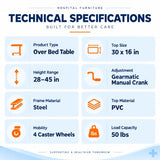 gearmatic over bed table technical specifications showing 30 x 16 inch pvc top, 28–45 inch adjustable height, steel frame, manual crank, four castor wheels and 50 lb load capacity