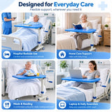 gearmatic over bed table use cases for hospital bedside care, home care, meals, reading, laptop use and daily essentials