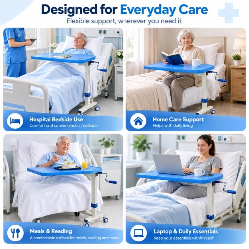 gearmatic over bed table use cases for hospital bedside care, home care, meals, reading, laptop use and daily essentials