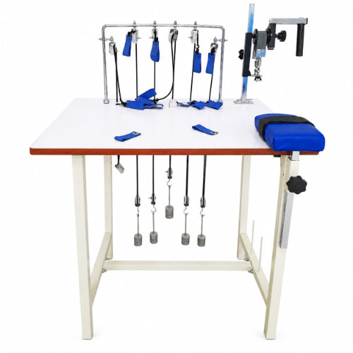 hand exercise table with pulley system, resistance weights, straps and wrist rehabilitation unit for physiotherapy use