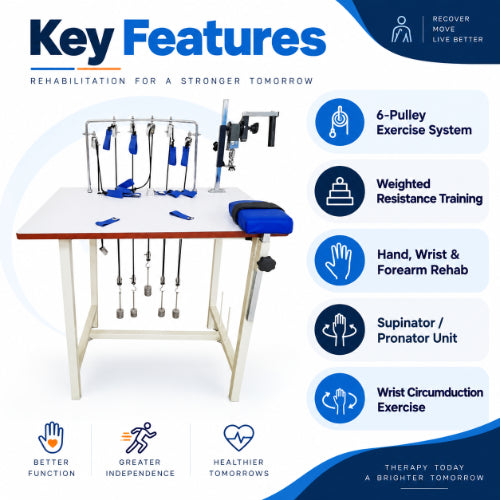 hand exercise table key features including 6-pulley exercise system, weighted resistance training, hand wrist forearm rehab and wrist circumduction exercise