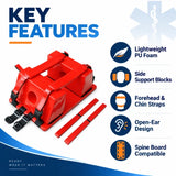 head immobilizer key features including lightweight pu foam, side support blocks, forehead and chin straps, open-ear design and spine board compatibility