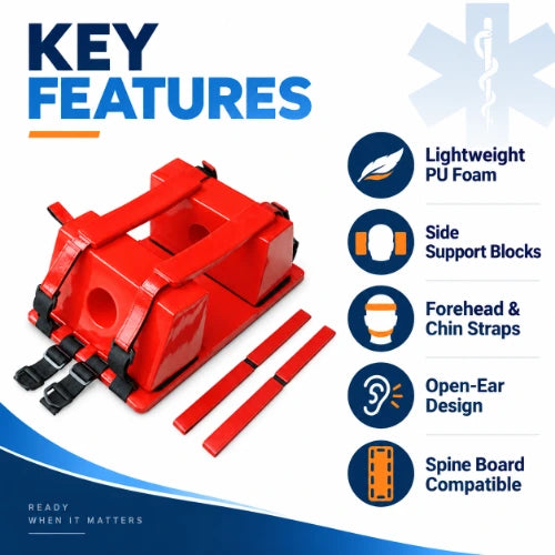 head immobilizer key features including lightweight pu foam, side support blocks, forehead and chin straps, open-ear design and spine board compatibility