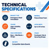 head immobilizer technical specifications showing polyurethane foam construction, high-visibility red colour, forehead and chin straps and compatibility with spine boards
