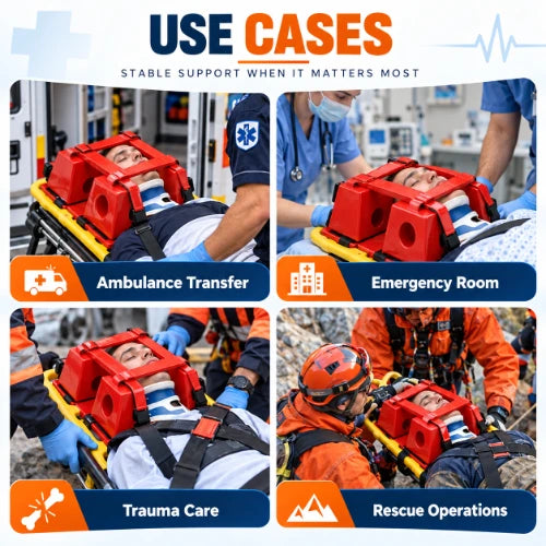 head immobilizer use cases for ambulance transfer, emergency room care, trauma management and rescue operations