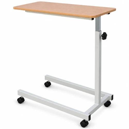 height adjustable over bed table trolley with sunmica top, manual adjustment knob, u-shaped frame and four castor wheels