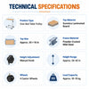 height adjustable over bed table technical specifications showing 30 x 16 inch sunmica top, manual knob adjustment, 28–42 inch height range and 10–15 kg load capacity