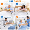 height adjustable over bed table use cases for meals, reading, writing, tablet or laptop use, and home or hospital patient care