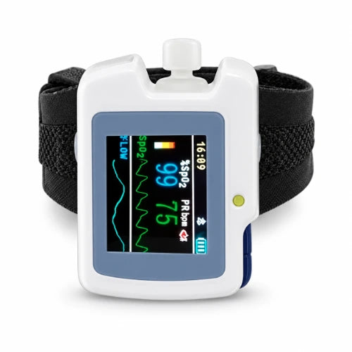 home sleep apnea monitoring device with wrist strap, color display, spo2, pulse rate and airflow waveform monitoring for overnight sleep assessment