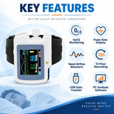 home sleep apnea monitoring device technical specifications showing wrist-style design, spo2 recording, pulse waveform, nasal airflow monitoring, 12-hour recording and alarm functions