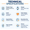home sleep apnea monitoring device technical specifications showing wrist-style design, spo2 recording, pulse waveform, nasal airflow monitoring, 12-hour recording and alarm functions